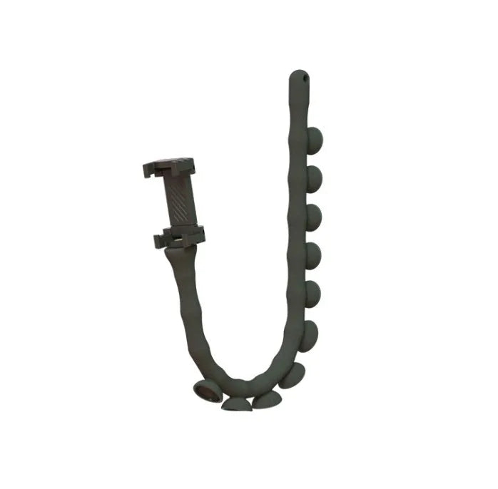 Black flexible worm arm phone holder with suction cup attached to a bicycle handlebar