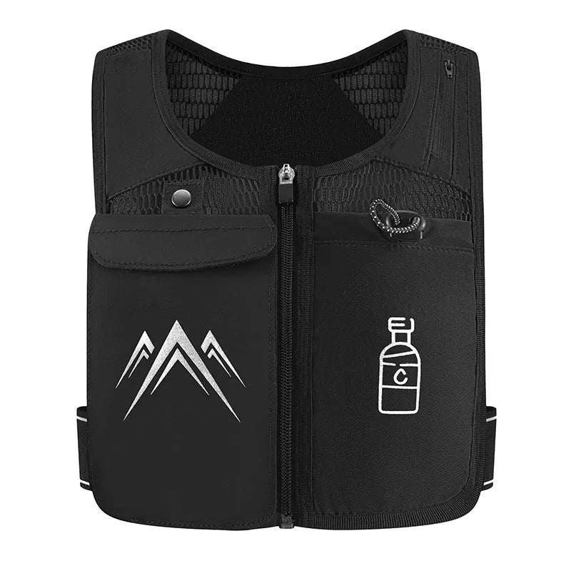 Classic black running vest with integrated phone pocket and detachable 500ml water kettle on a manikin.