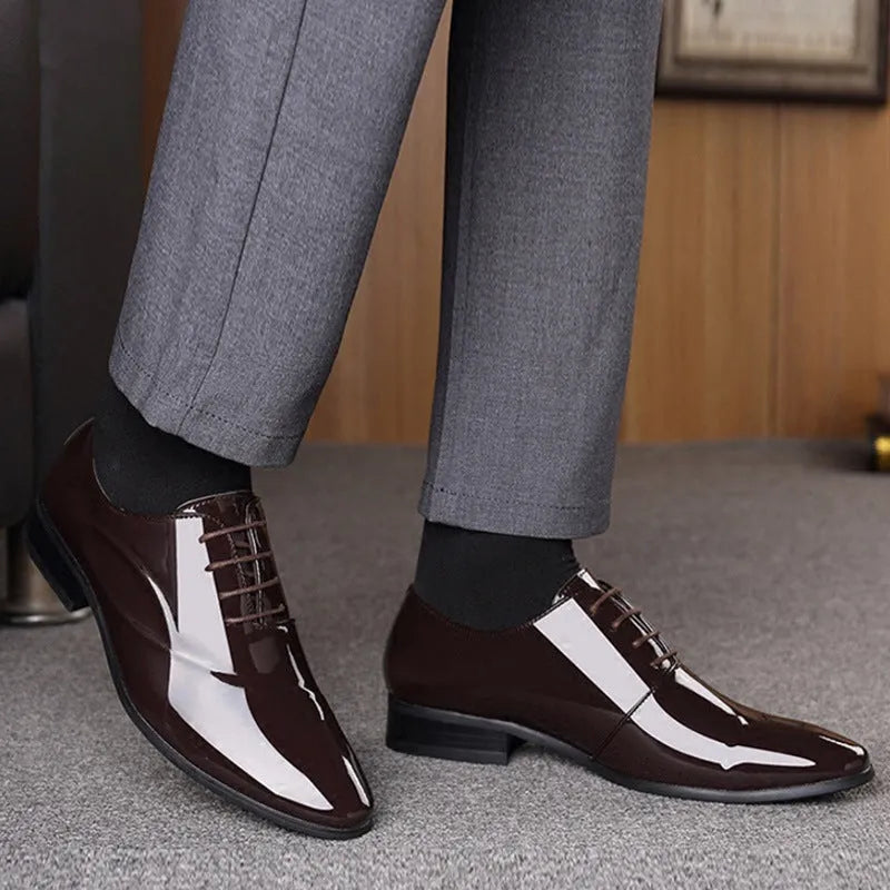 Men's black and brown formal business shoes with pointed toe and PU leather upper