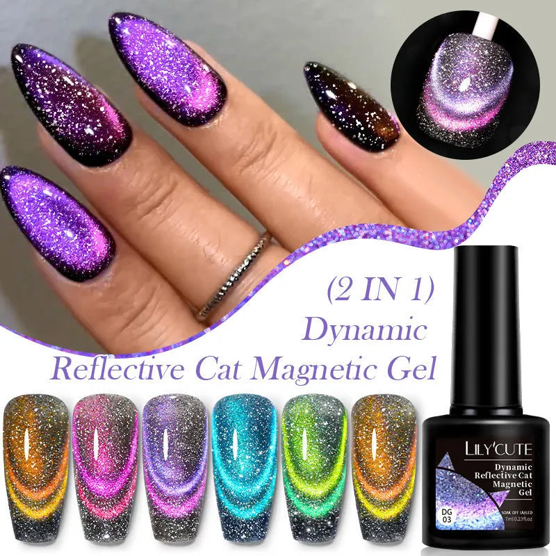 Six bottles of cat eye effect UV gel nail polish with diamond glitter and included nail glue.