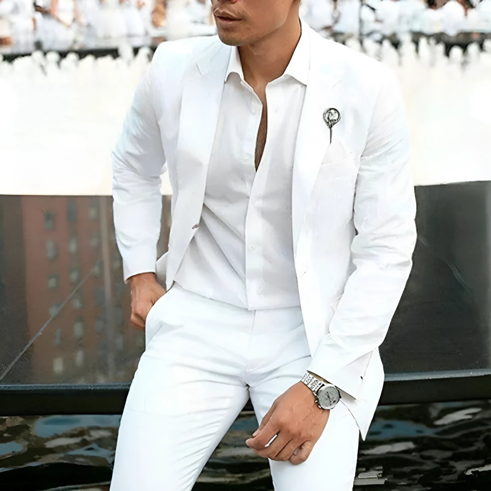 White slim fit two-piece men's cotton suit for wedding groomsmen, available in sizes XS to 5XL