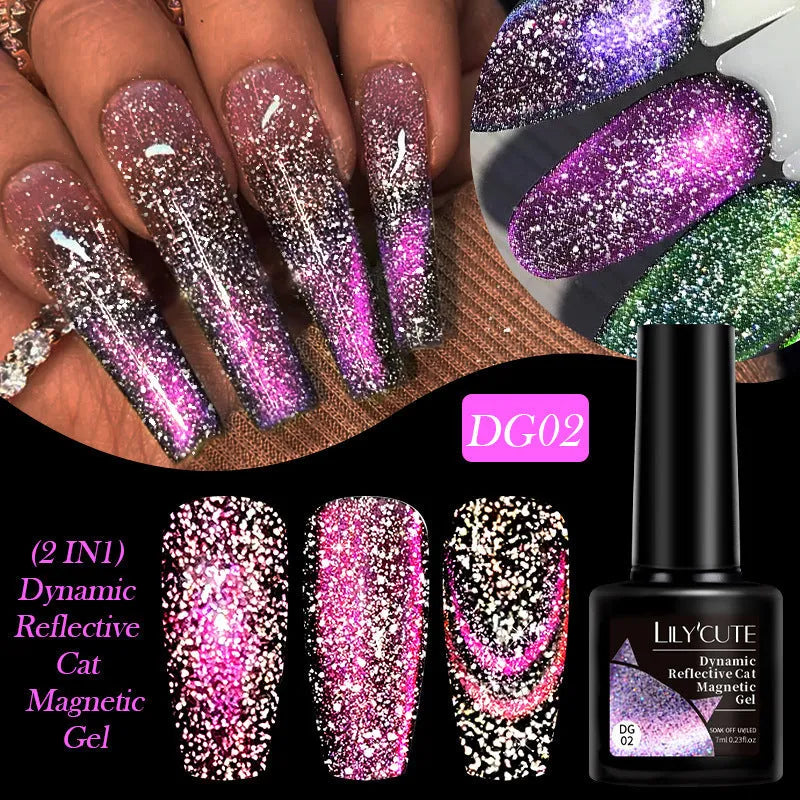 Six bottles of cat eye effect UV gel nail polish with diamond glitter and included nail glue.