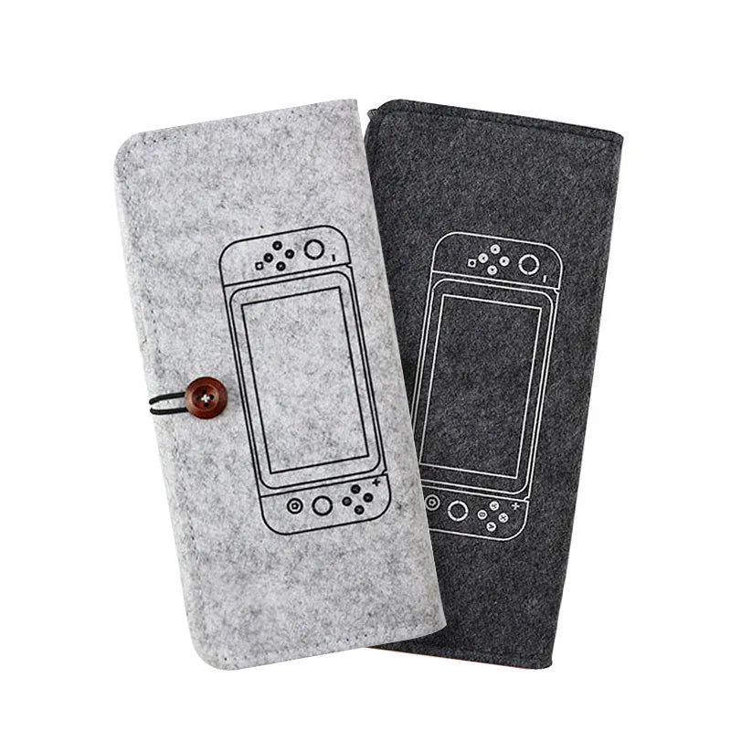 Black felt storage pouch for Nintendo Switch console with game cartridge slots open.
