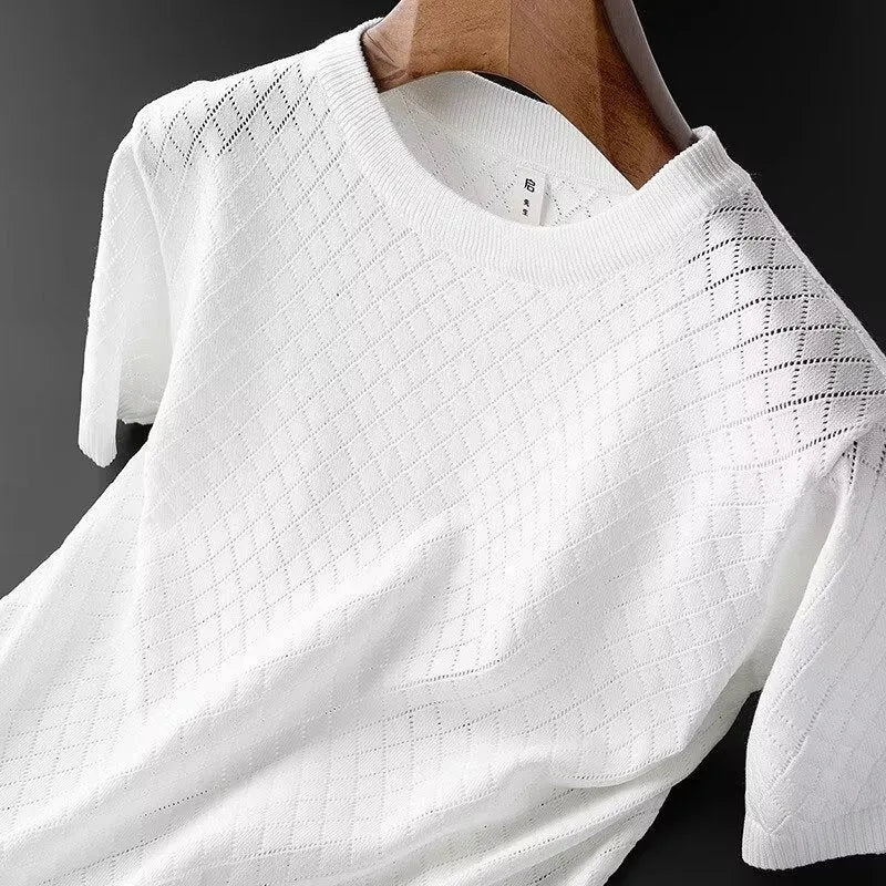 Men's plus size ice silk V-neck t-shirt with Korean style cut-out design in black colour