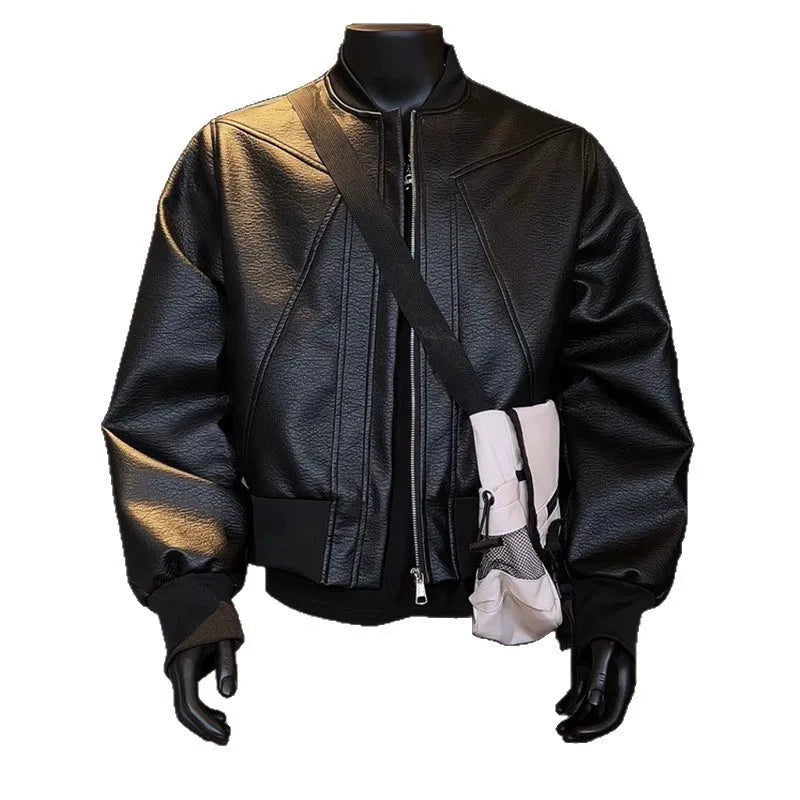 Men's black PU leather jacket with extended 100cm length in tight-fit light business style