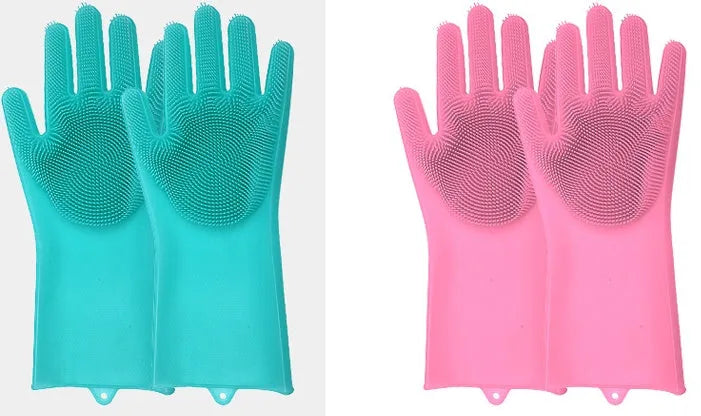 Silicone cleaning gloves with textured scrubbing surface in assorted colours