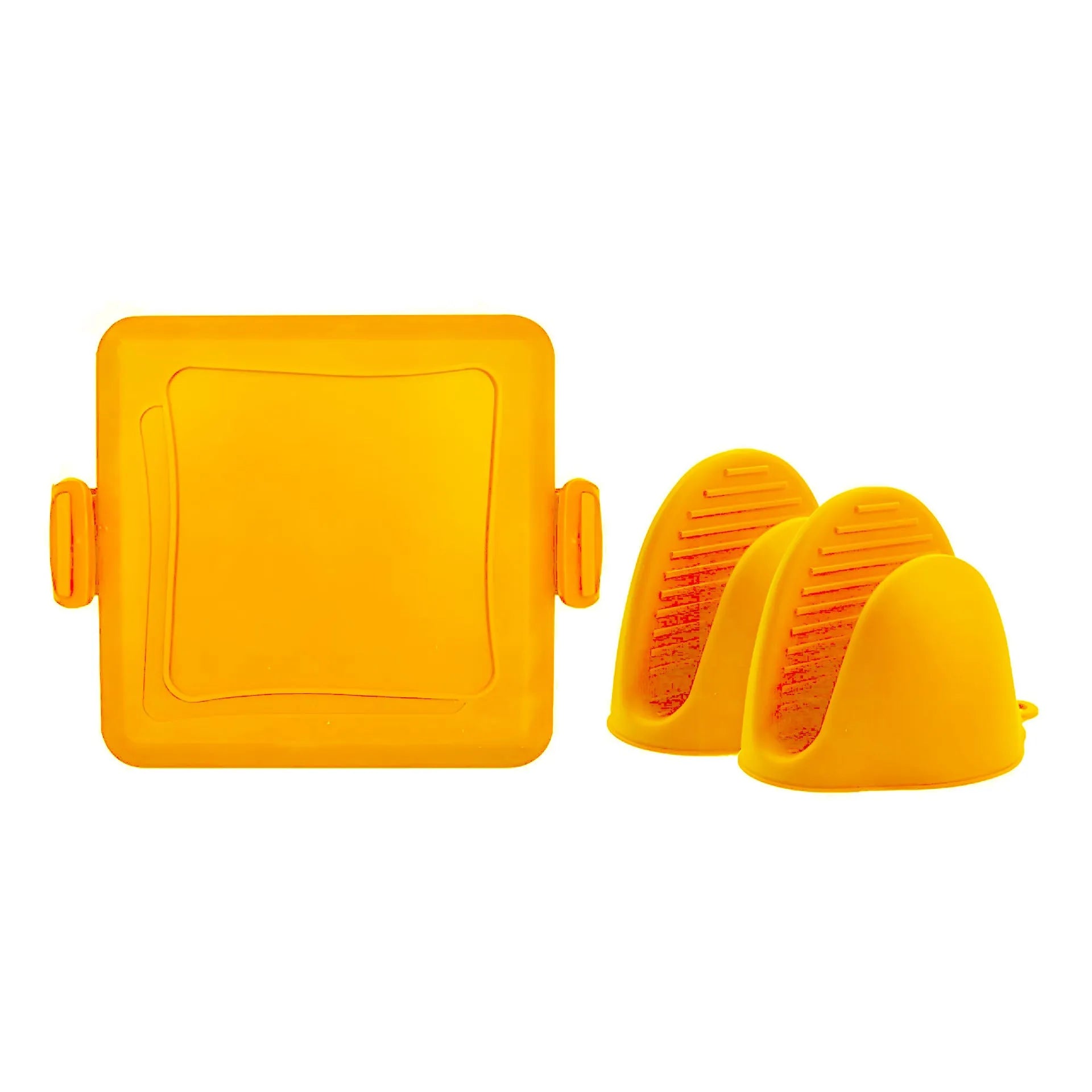 Red silicone baking tray with integrated handle and a pair of matching silicone oven gloves on a kitchen counter.