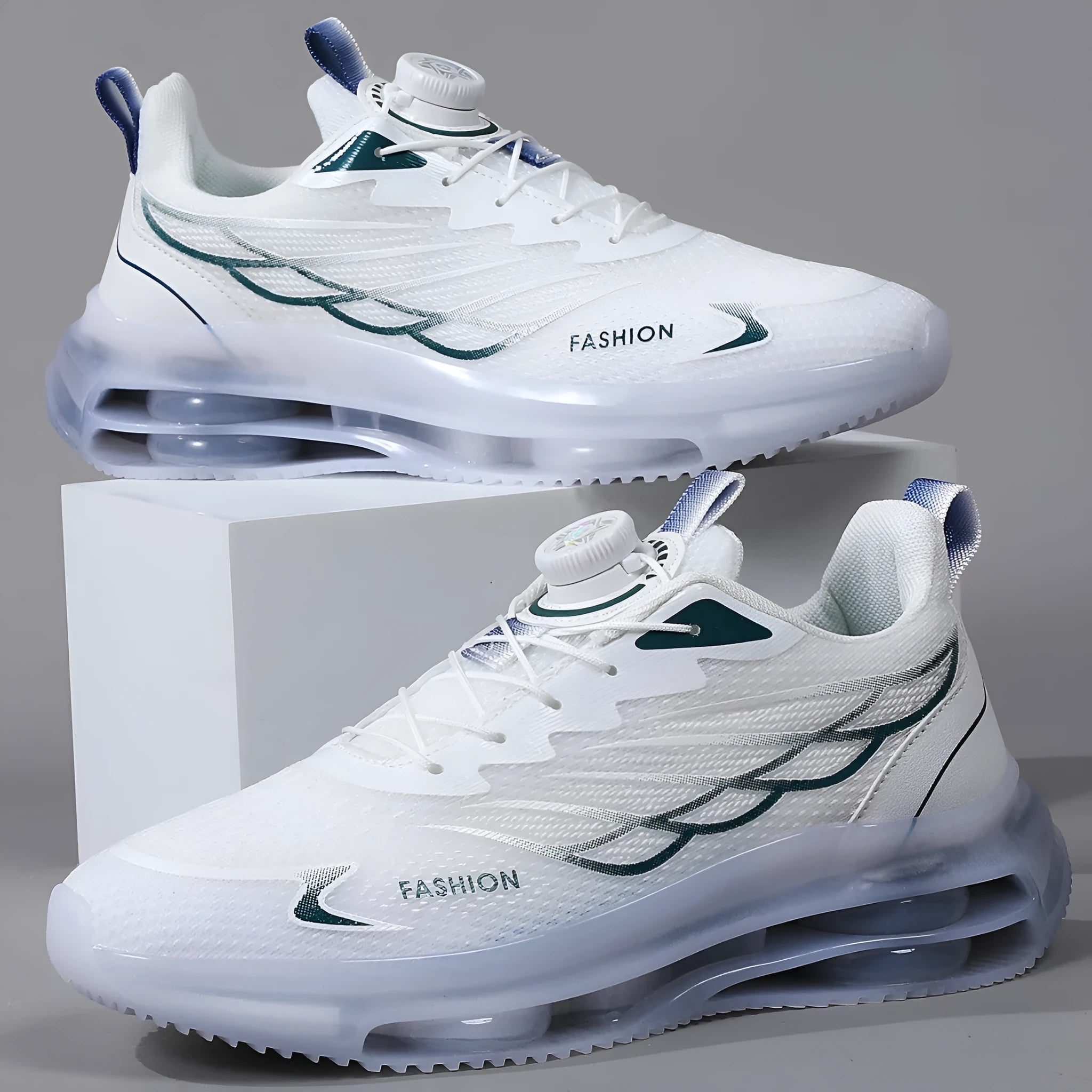 White men's casual sports shoes with rotating button lace system and mesh upper