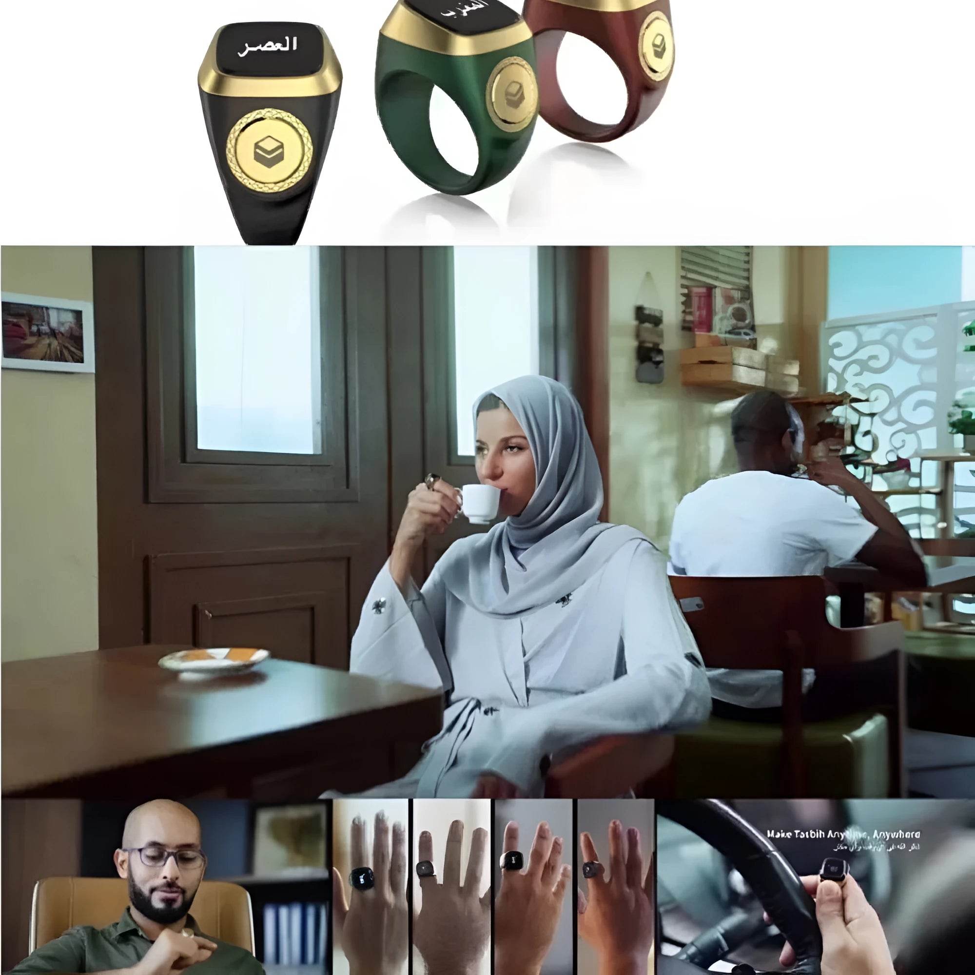 Zikr1 smart ring in black green rose gold silver colours with OLED display showing prayer times