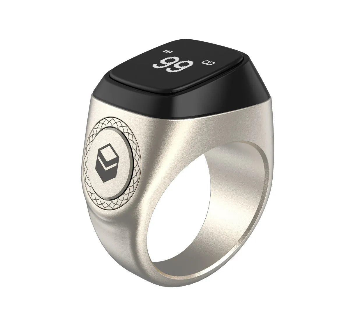 Zikr1 smart ring in black green rose gold silver colours with OLED display showing prayer times