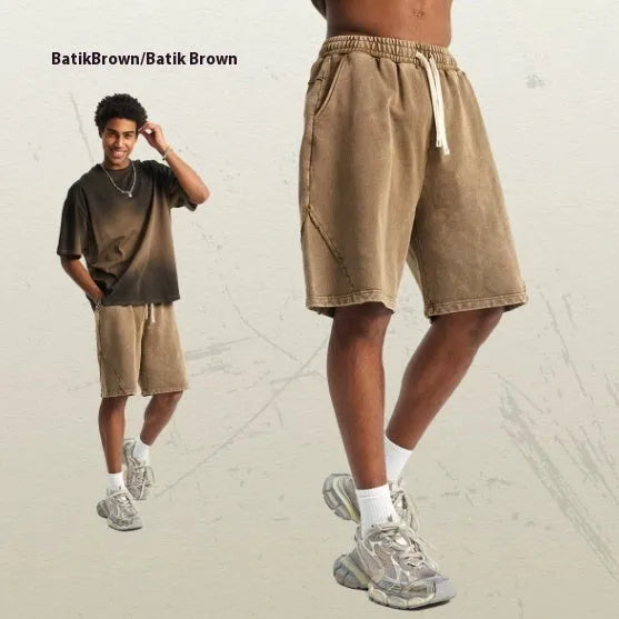 Men's heavy retro shorts in pure cotton terry fabric with batik colour options and loose street fashion style