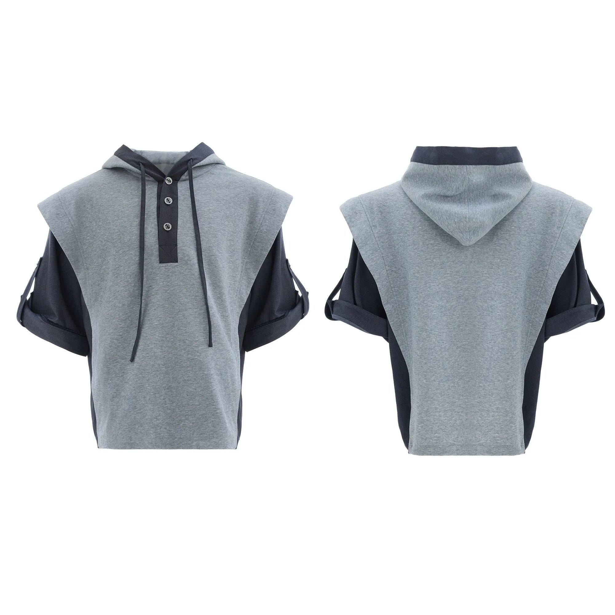 Men's black hooded short sleeve sportswear set with three-dimensional stitching on jacket and trousers