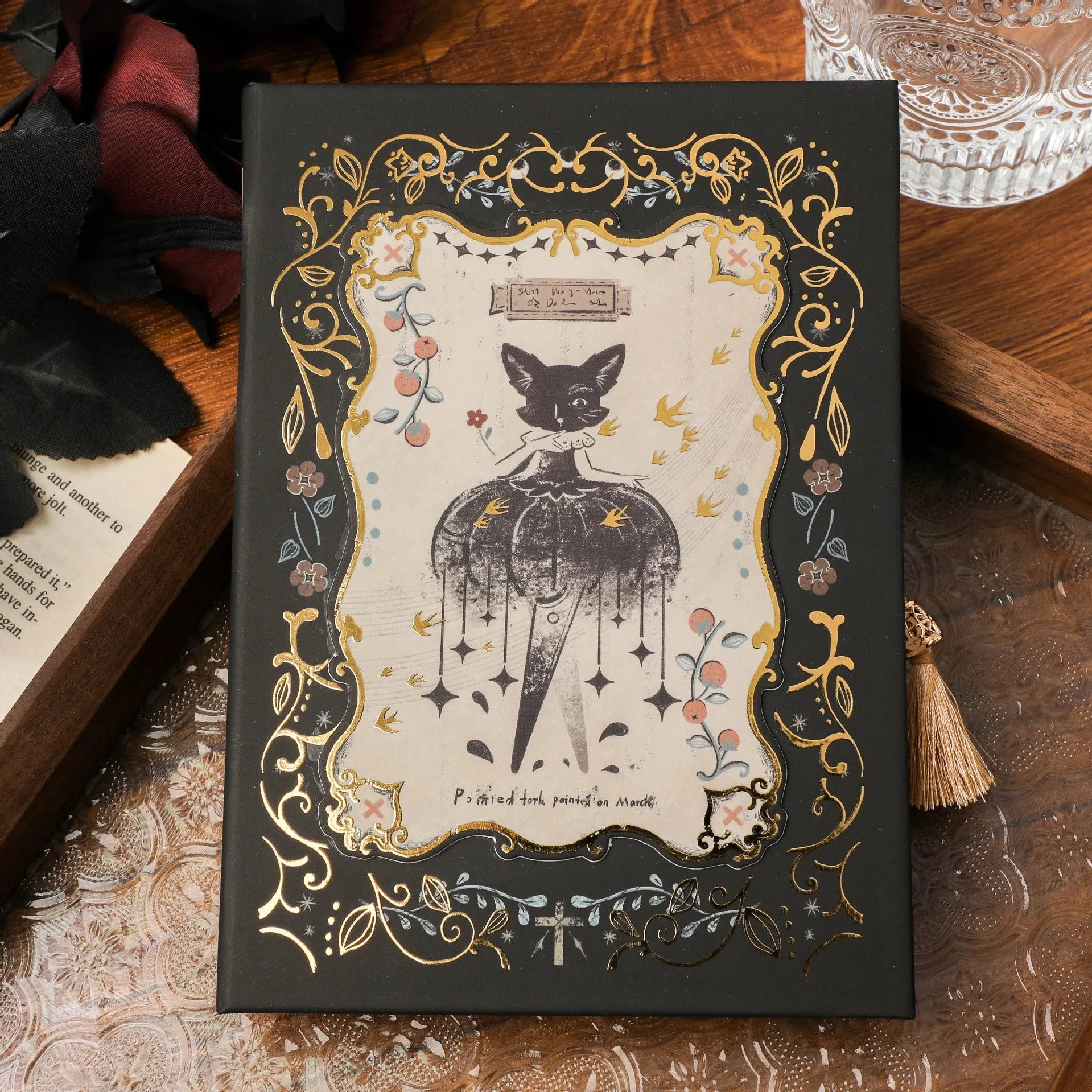 Retro gothic style A5 notebook with hand-drawn art cover designs including maze, forest, and fruit themes