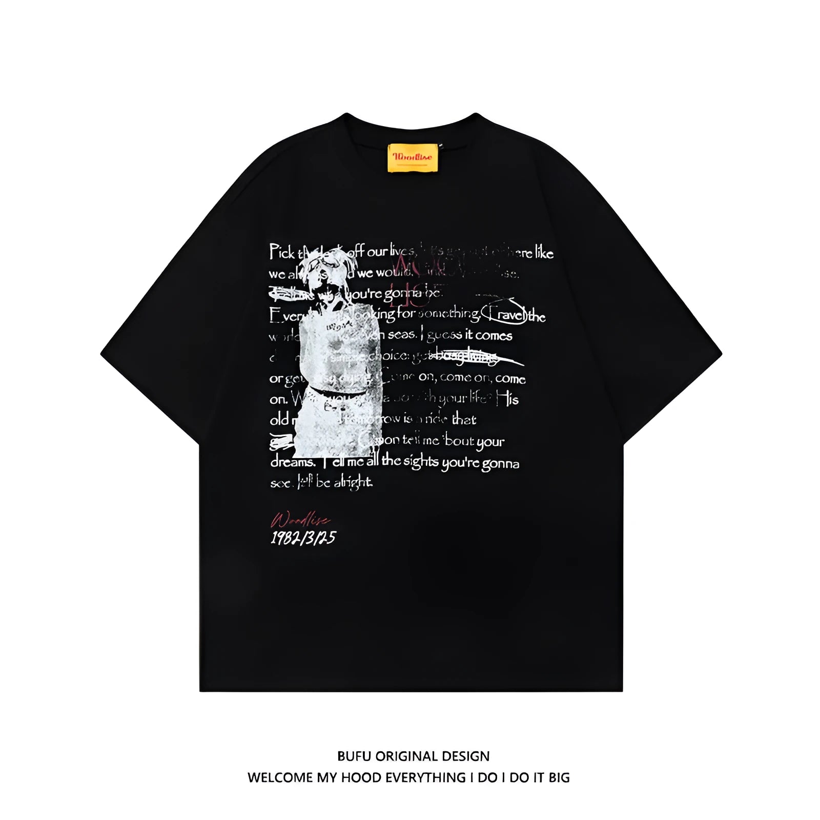 Men's black pure cotton hip hop style T-shirt with loose fit and letter print design