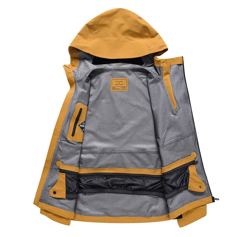 Yellow and black ski suit with thin veneer double plate construction for winter sports