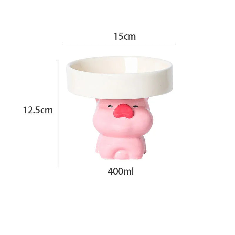 Raised ceramic cat food bowl in animal theme design, showing elevated height and wide bowl.
