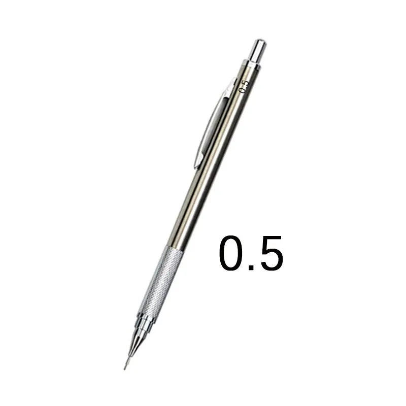 Metal automatic mechanical pencil showing barrel detail and lead size options from 0.5mm to 2.0mm