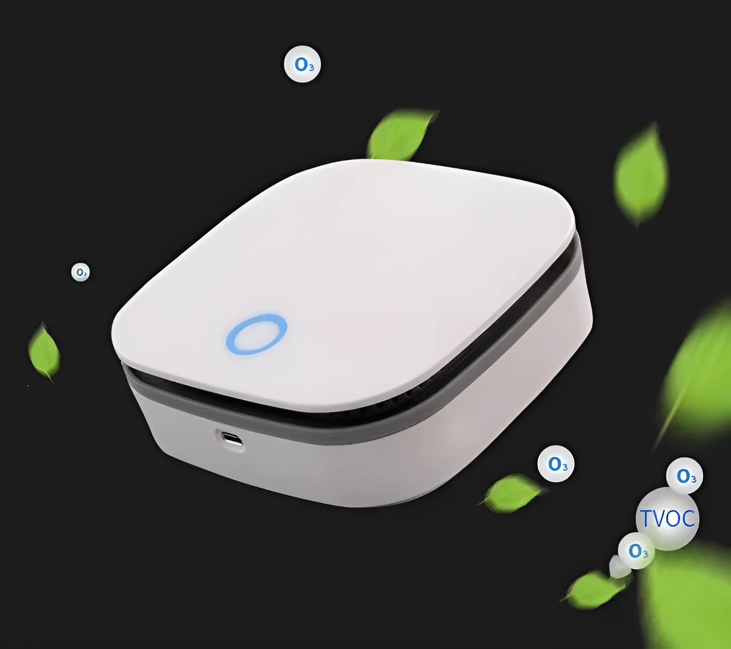 White USB car air purifier with negative ion sterilisation function.