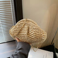 Shell-shaped straw shoulder bag for women with chain accents and polyester lining