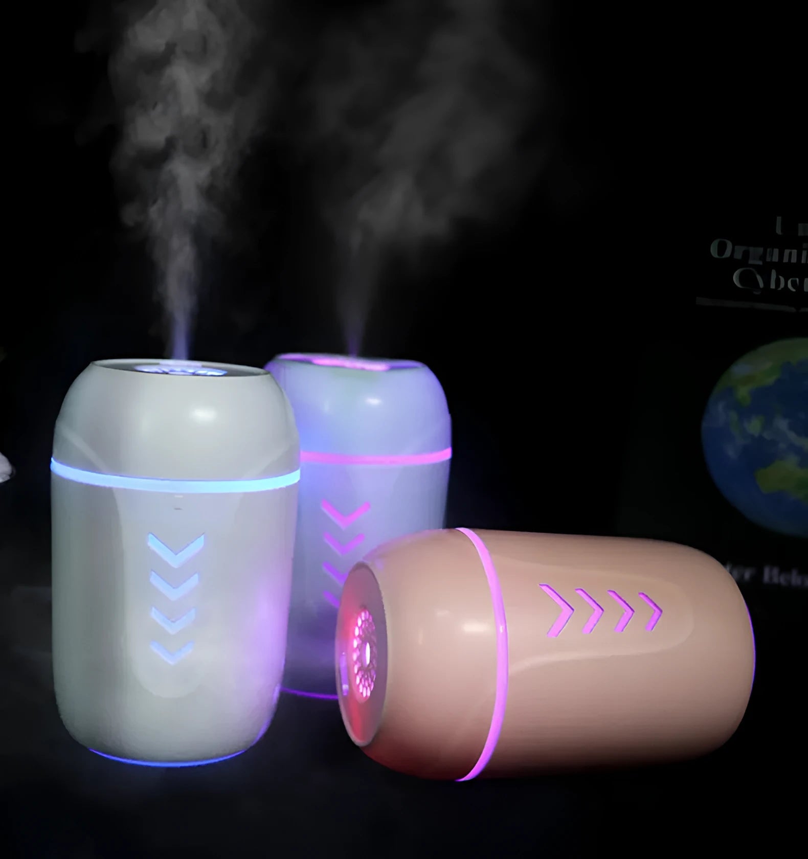 X3 portable car humidifier in blue with USB cable and 200ml water tank