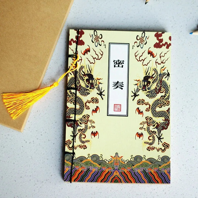 A5 antique wire-bound notebook with retro painting design on white cowhide cover