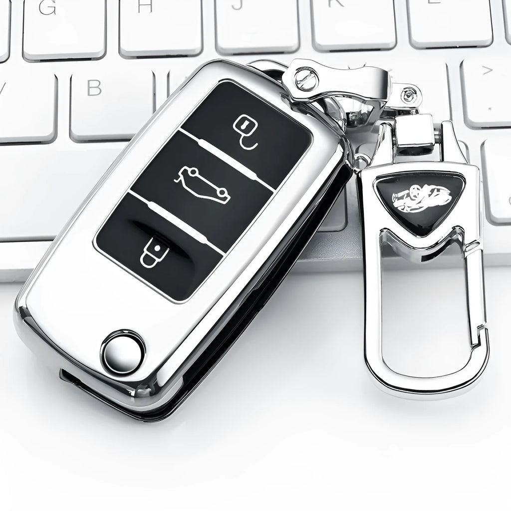 TPU car key case for Volkswagen Model A folding keys in blue, pink, red, and silver colours with buckle clip.