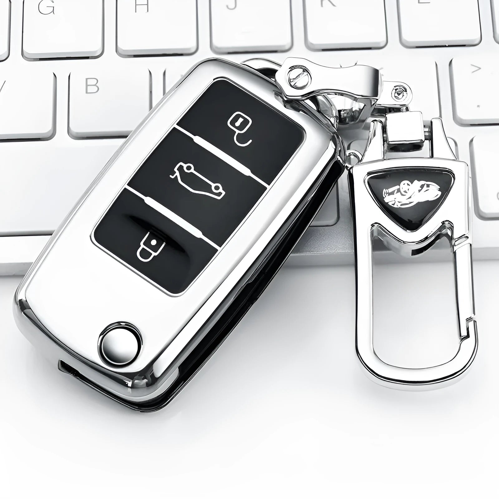 TPU car key case for Volkswagen Model A folding keys in blue, pink, red, and silver colours with buckle clip.