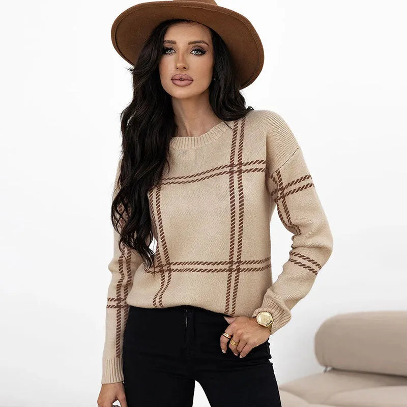 Women's loose casual plaid colour-block crew neck sweater with striped pattern