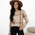 Women's loose casual plaid colour-block crew neck sweater with striped pattern