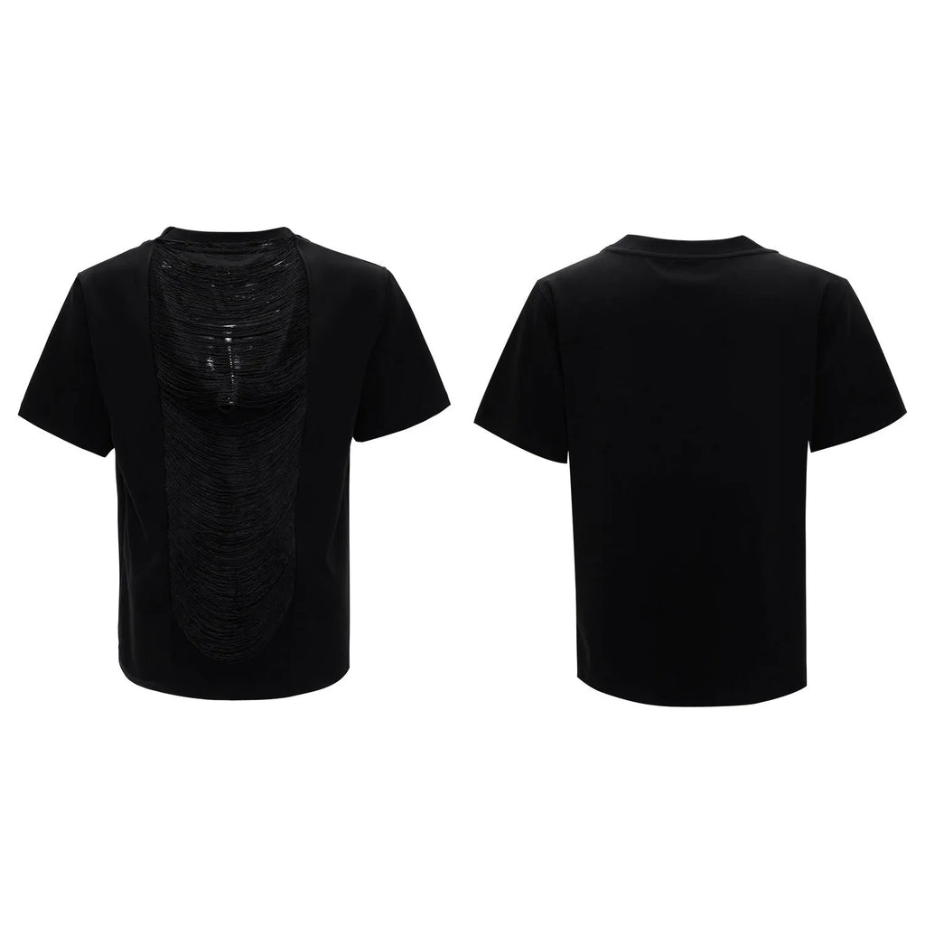 Men's loose black V-neck short sleeve t-shirt with three-dimensional cutting on a neutral background
