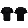 Men's loose black V-neck short sleeve t-shirt with three-dimensional cutting on a neutral background