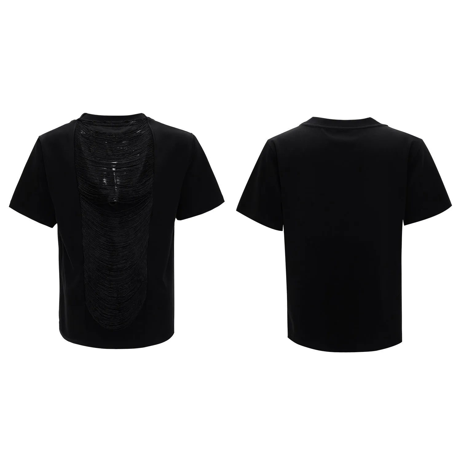 Men's loose black V-neck short sleeve t-shirt with three-dimensional cutting on a neutral background
