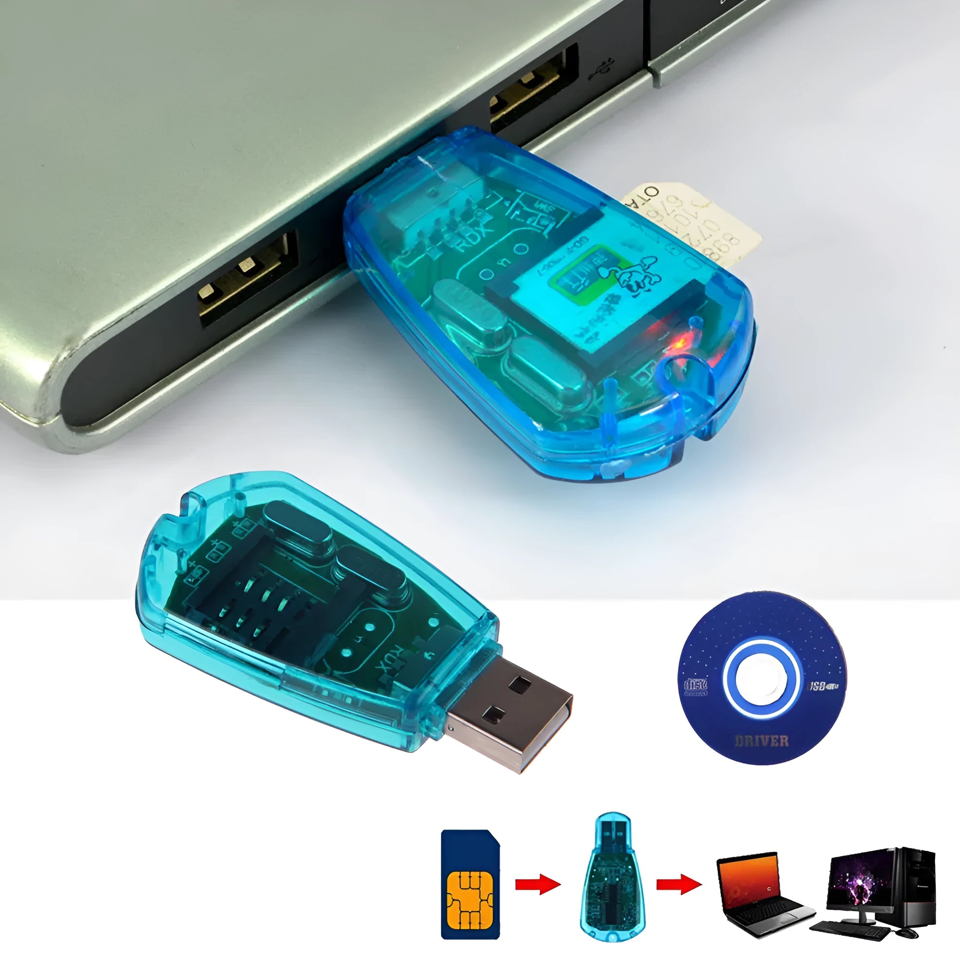 Blue external USB 2.0 SIM card reader for mobile phone data backup and transfer on a desk