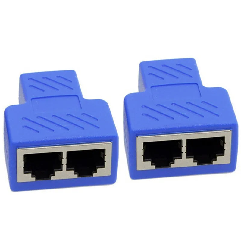 RJ45 network cable splitter adapter in five colour options showing one input and two output ports