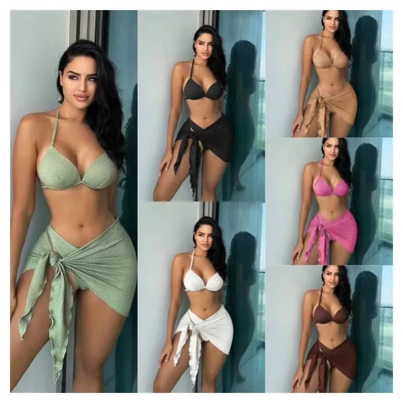 Women's three-piece swimsuit set with a split skirt in high elasticity polyester fabric
