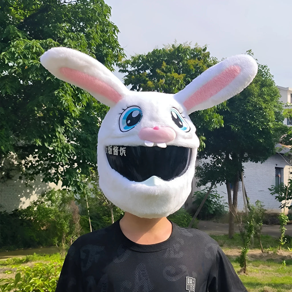 White long-eared rabbit plush helmet cover for an electric motorcycle helmet