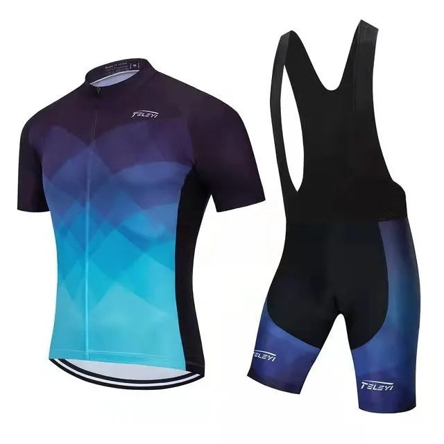 Men's and women's cycling jersey and shorts set in a colour style option, laid flat.