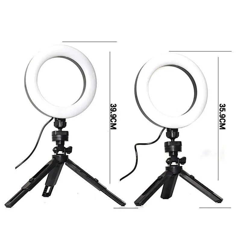 Mobile phone live streaming bracket with adjustable ring light on desktop tripod