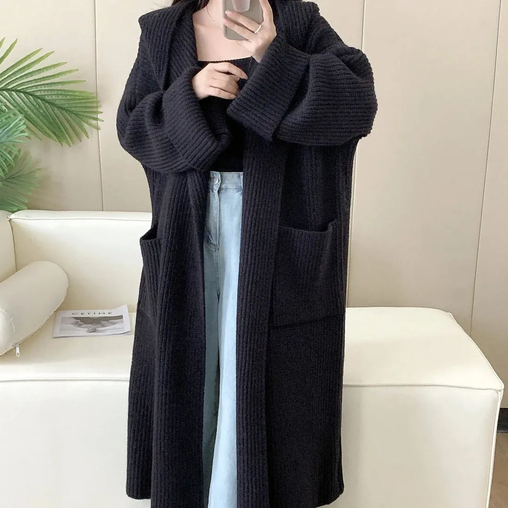 Women's loose hooded cardigan coat with raglan sleeves in acrylic fabric