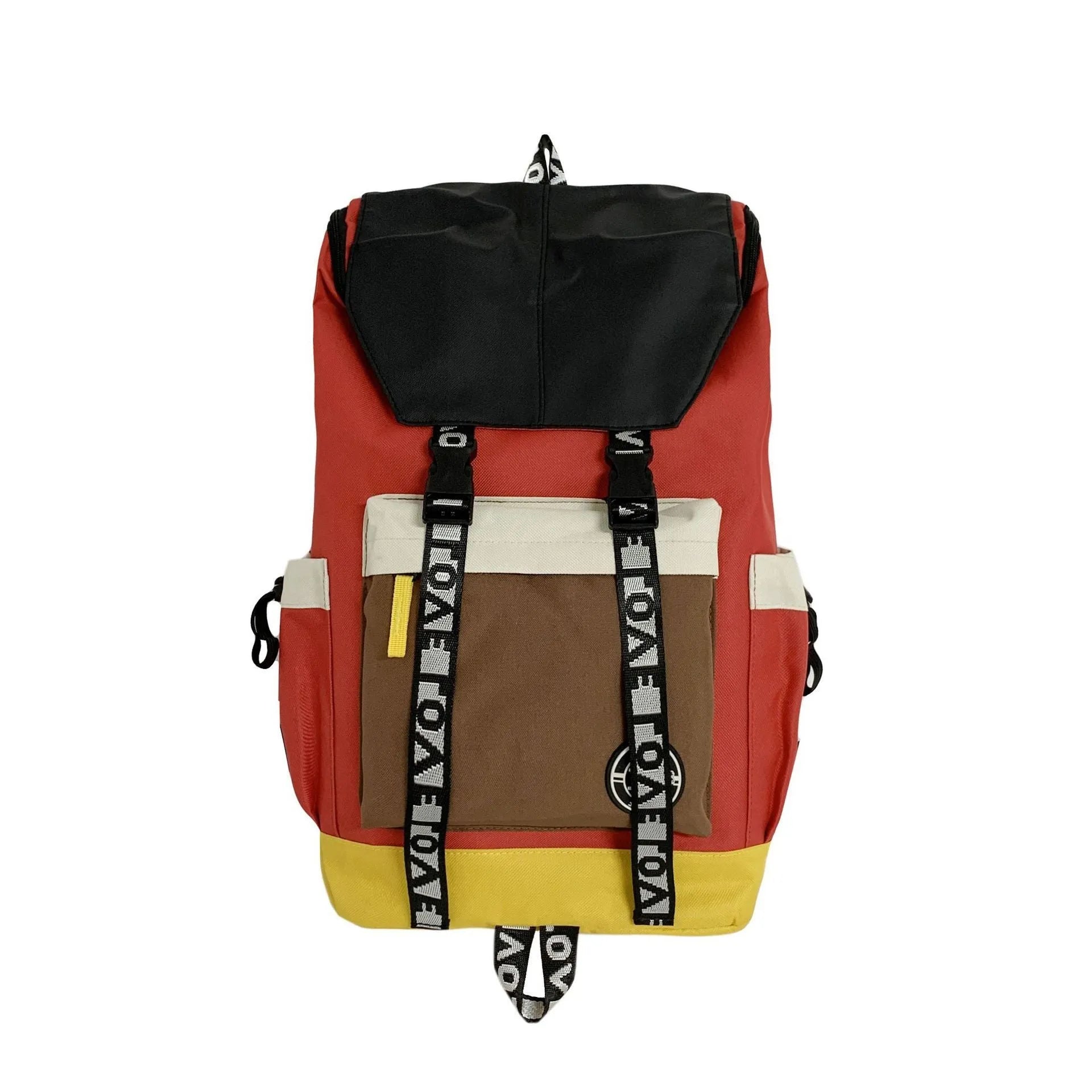 Oxford cloth backpack in black, green, or red with handheld grip and shoulder straps.
