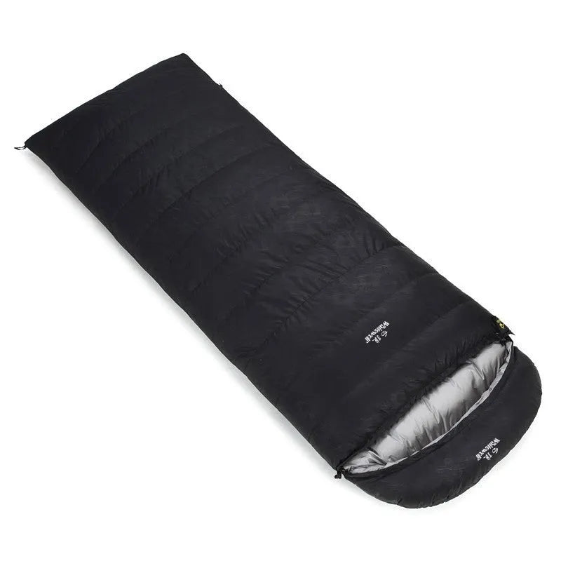 Black outdoor sleeping bag with goose down filler and tear-resistant nylon fabric for adult camping use