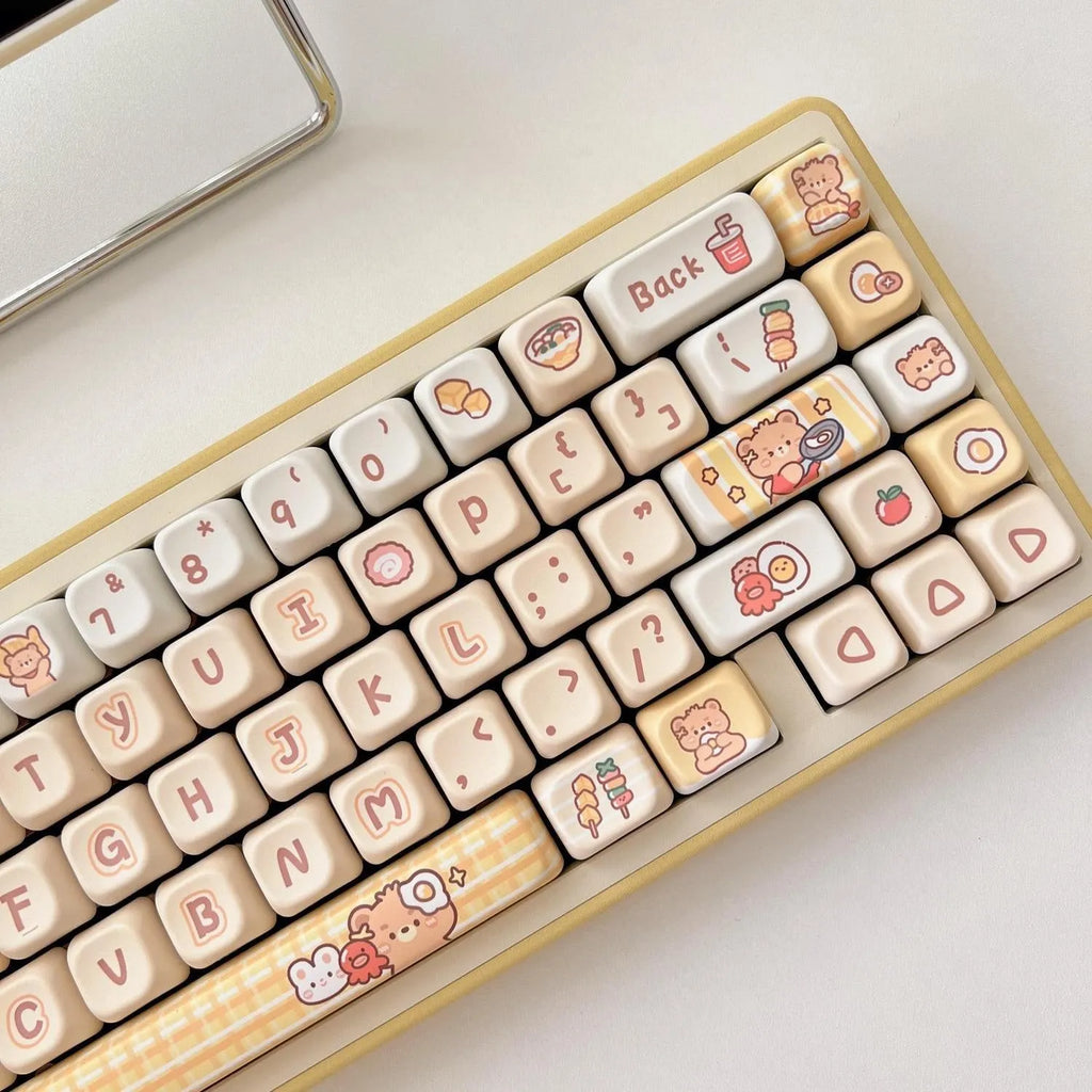 Rabbit Bear Restaurant themed PBT plastic keycap set with 140 pieces in EOA height profile for mechanical keyboards.