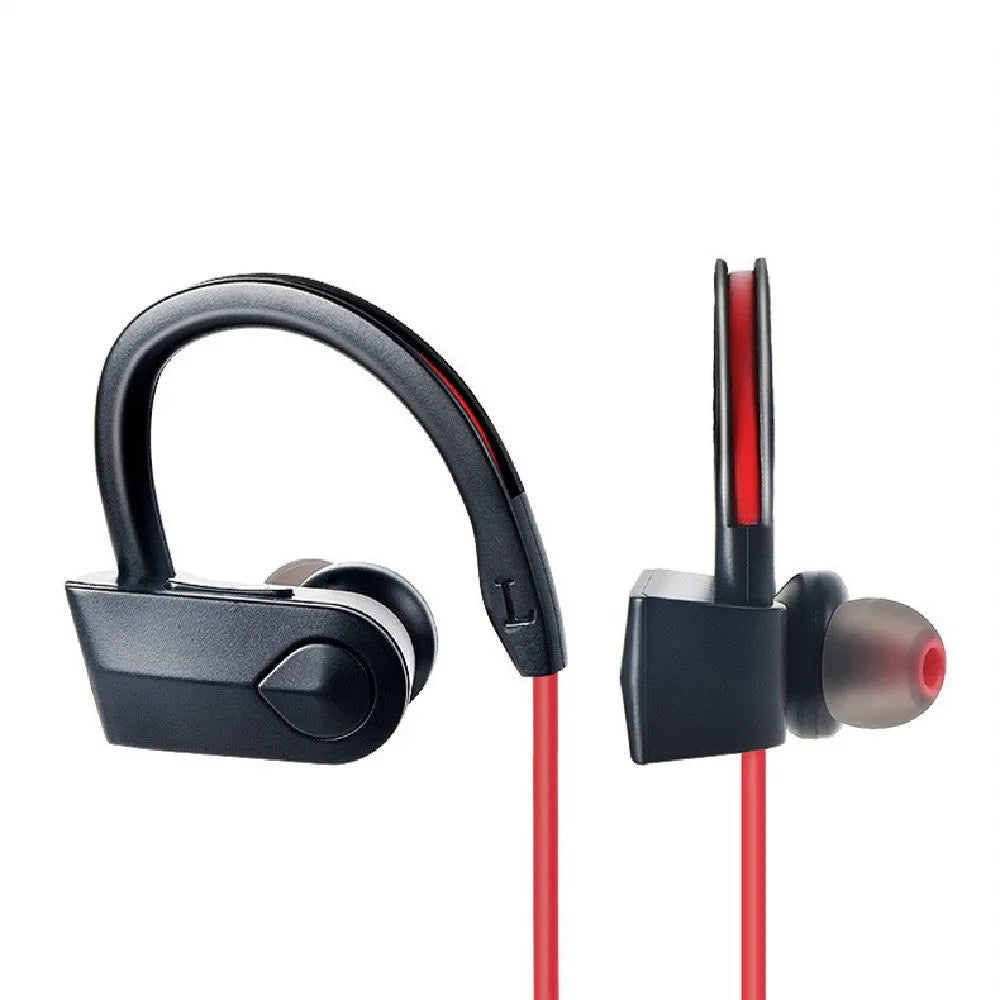 Black neck-mounted Bluetooth earphones with in-ear buds and USB charging cable