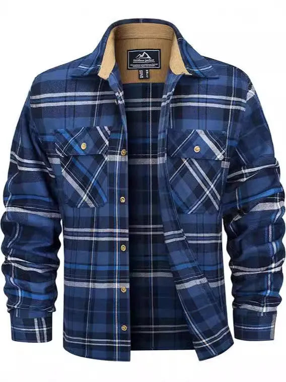 Men's plaid flannel casual button shirt in orange colour on a hanger.