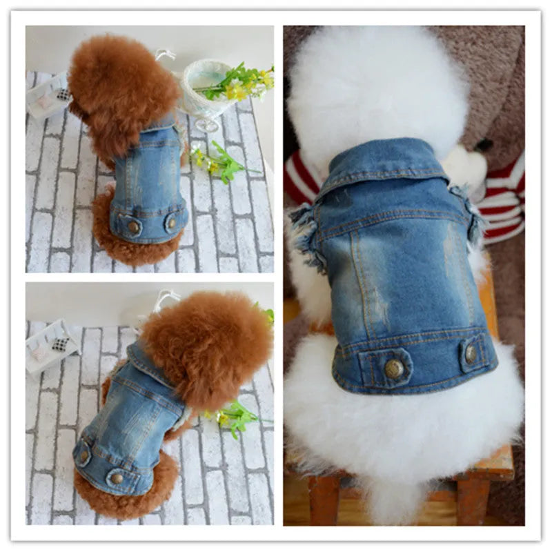 Retro scratch pattern denim dog vest for small breeds in dark and light colour options