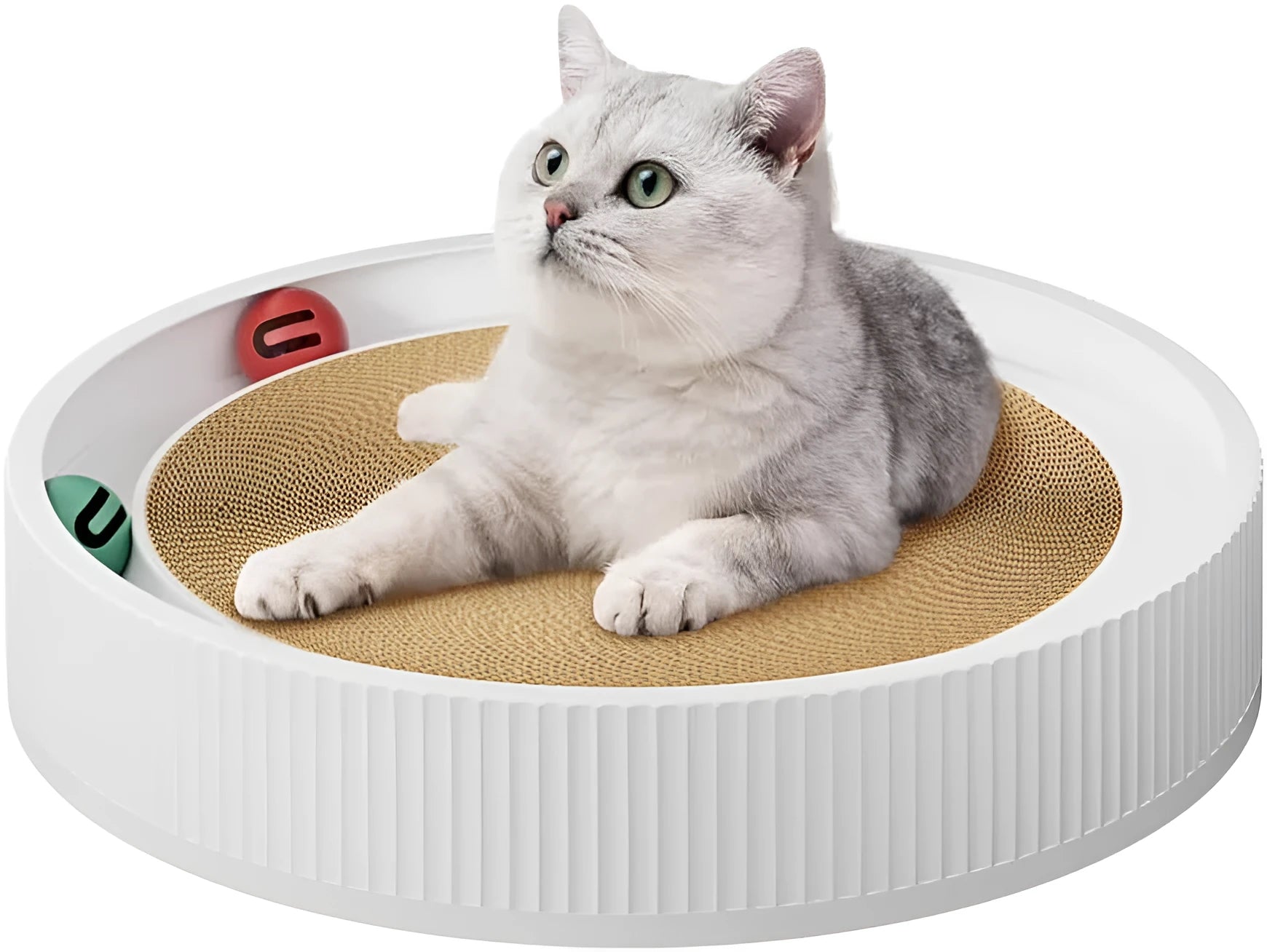 Large green cat scratching board with ball toys and replaceable cardboard core for indoor cats