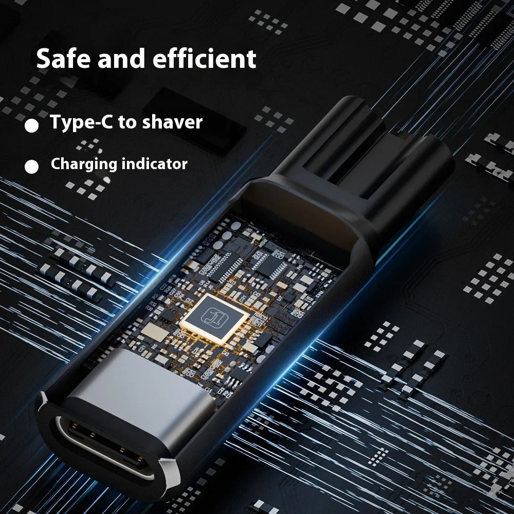 USB-C charging adapter for electric shavers with aluminium alloy housing in black or grey