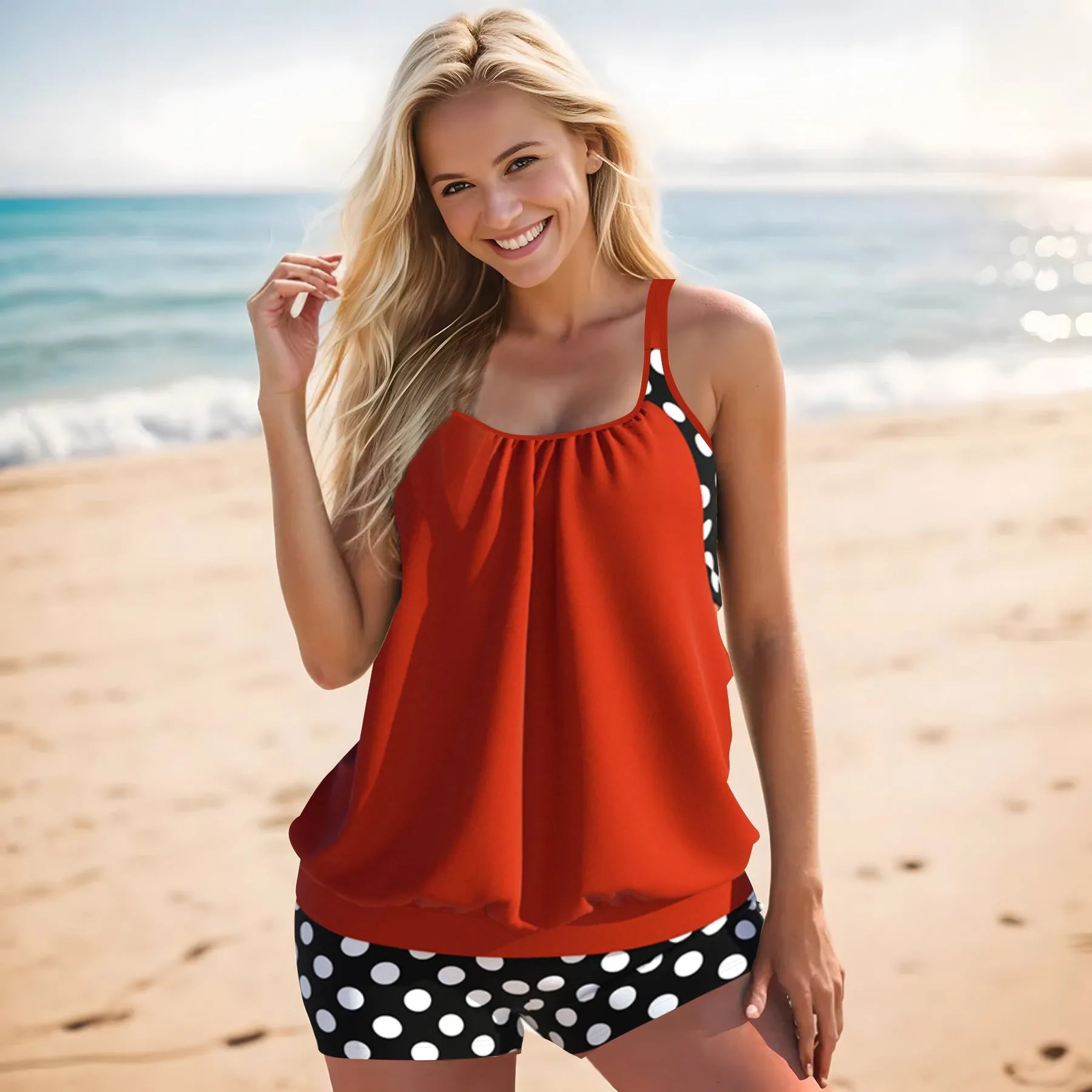 Women's black polka dot high-waist swimsuit with conservative briefs style on a mannequin.