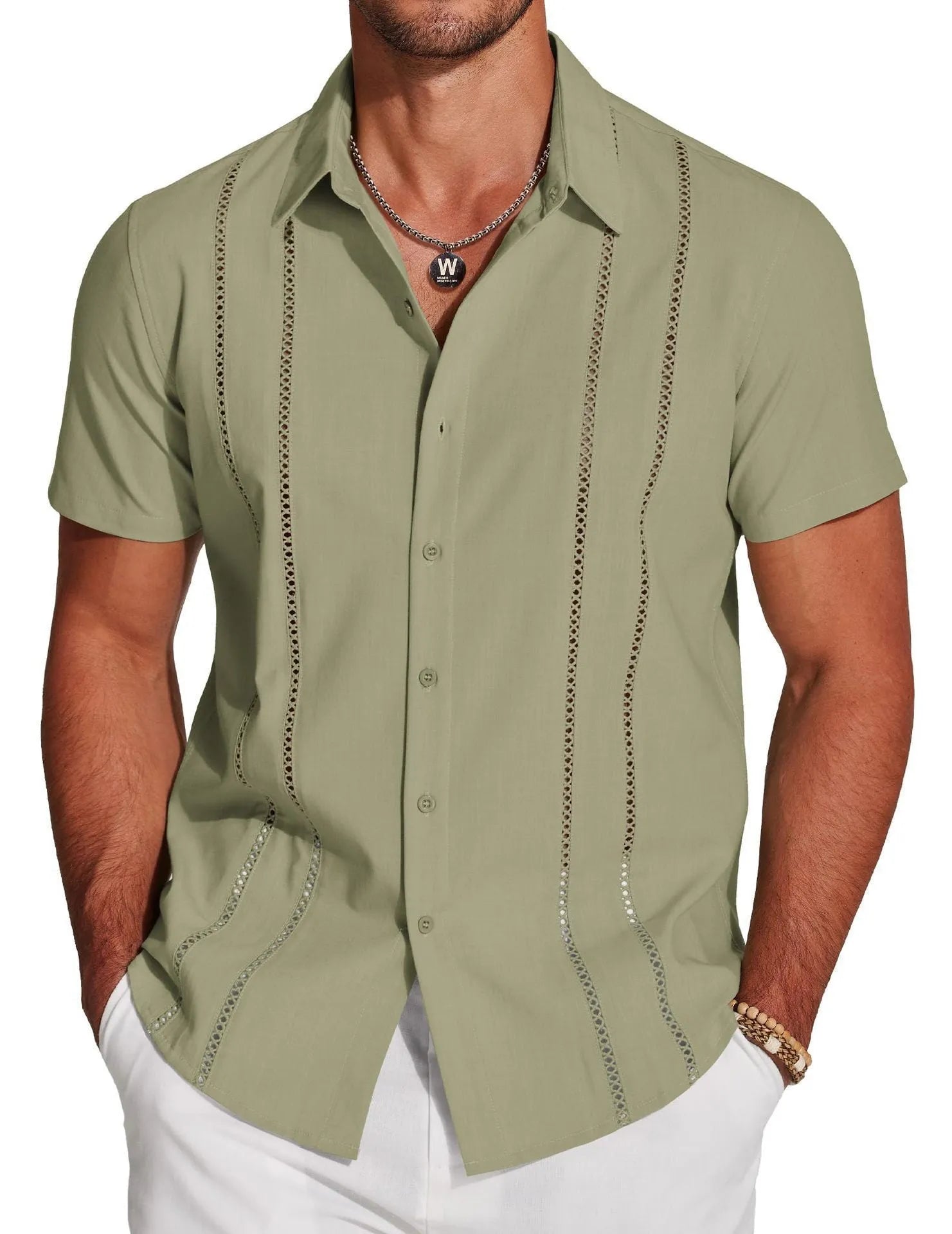Men's slim fit Hawaiian short sleeve shirt with digital printed pattern and elastic polyester fabric