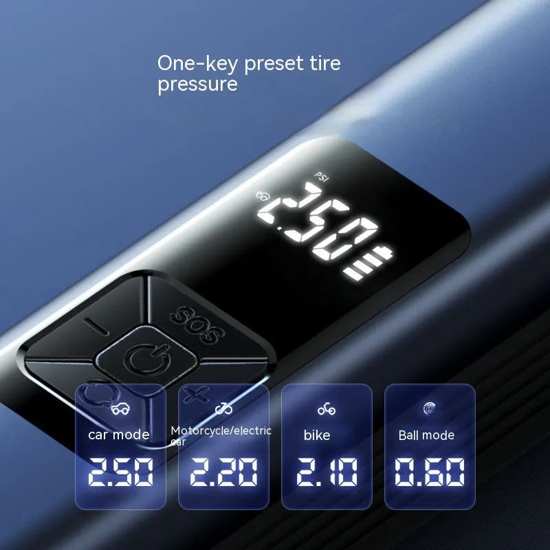 Black cylindrical wireless digital display car air inflator pump with vacuum hose and attachments on a grey background.